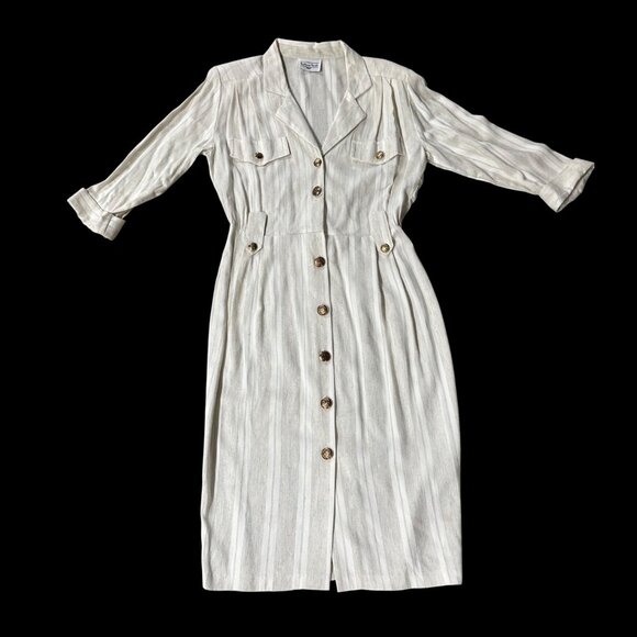 Vintage Cream Beige Dress Button Down Striped 1980s Brittany Nicole USA 13/14 - Picture 2 of 9